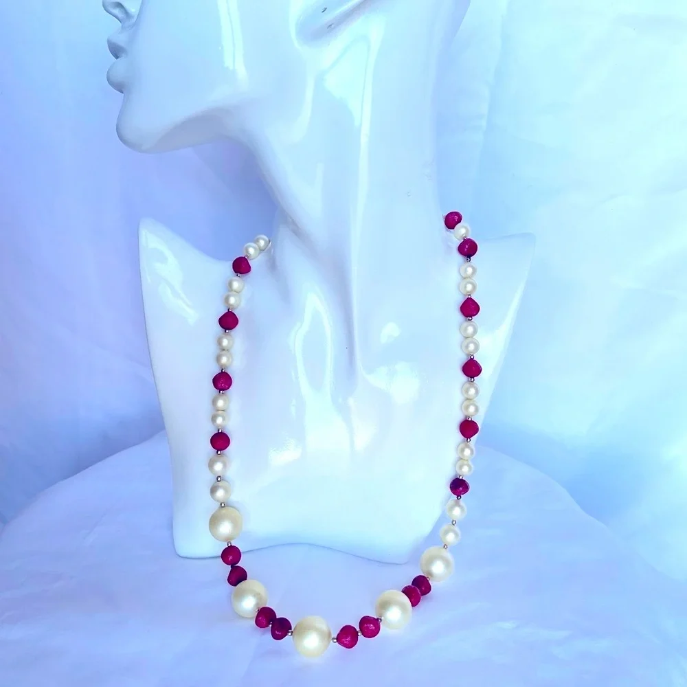 Vintage 1950’s Necklace Faux Pearl & Cranberry Colored Beads